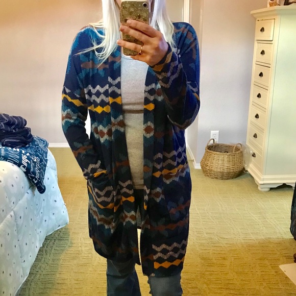 *SALE* Teal Geo Pattern Open Front Long Cardigan - Picture 2 of 2